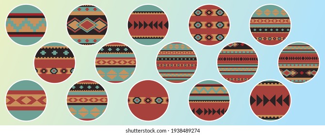 Set of round design elements. Boho ethnic geometric patterns. 15 story highlight covers, icons, labels, stickers. For shops, bloggers, social media.