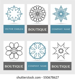 Set of round design elements, geometric shapes, mandala ornaments, isolated on a white background. Circular logo for boutique, flower shop, business, interior, company symbol, emblem. Thin line vector