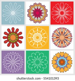 Set of round design elements, isolated geometric shapes, colored mandala ornaments. Circular logo for boutique, flower shop, business, interior, company symbol, emblem. Thin line vector