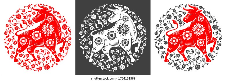 Set of round designs or labels for Chinese New Year 2021, year of the Ox. Traditional silhouette of Ox and floral ornament. Paper cut style. Several color variations. Vector illustration.