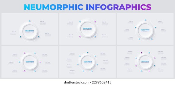 Set of round diagrams divided into 3, 4, 5, 6, 7 and 8 segments. Neumorphic infographics