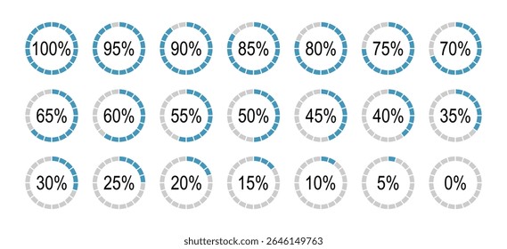 Set of round diagrams icons for infographics from 0 to 100 percent. Blue, grey color fill divided pie charts indicator. Percentage infographics minimalist elements. Circle graph loading progress.