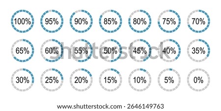 Set of round diagrams icons for infographics from 0 to 100 percent. Blue, grey color fill divided pie charts indicator. Percentage infographics minimalist elements. Circle graph loading progress.