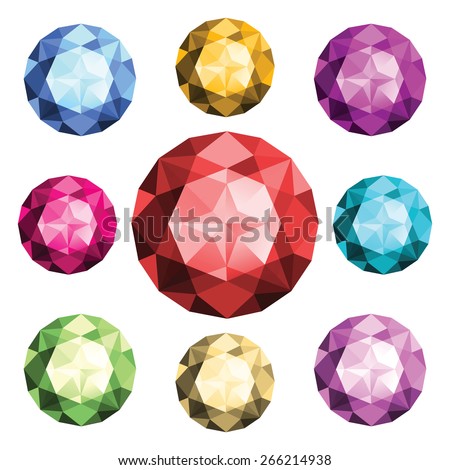 Set of round diamonds isolated on white background. Top view. Emerald, ruby, rhinestone, aquamarine, amethyst, saphire, brilliant, swarovski crystals in red, blue, green, yellow, purple color. Vector.