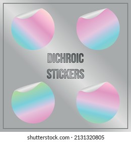  Set of round dichroic multicolored stickers with folded edges. Paper circles of the bright iridescent gradient. Blank templates. Empty mockup of tags with realistic textures.