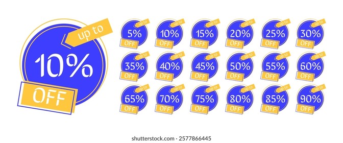 Set of round discount labels in blue and yellow colors. Arrow written 'up to' pointing to the discount amount. Thin lines outlining the shapes.