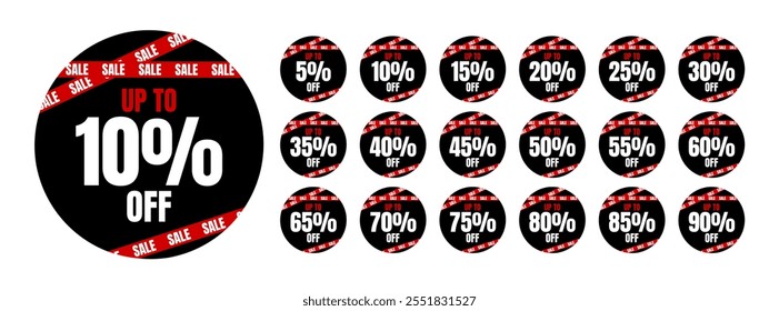 Set von runden Rabattmarken mit roten Streifen, die Verkauf sagen. Bis zu 5, 10, 15, 20, 25, 30, 35, 40, 45, 50, 55, 60, 65, 70, 75, 80, 85, 90 Prozent Rabatt.