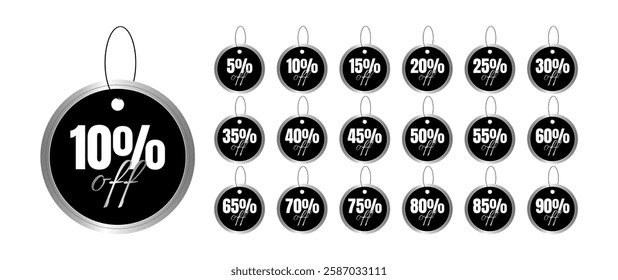 Set of round discount tags with metallic edges, silver. 5, 10, 15, 20, 25, 30, 35, 40, 45, 50, 55, 60, 65, 70, 75, 80, 85, 90 percent off.