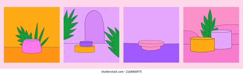 set of round display podium mockup.3d geometric rendering platform concept for background.Abstract minimal scene product presentation.Stand podium and cylinder pedestal.Hand drawn psychedelic card