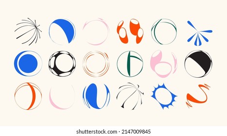 Set of round distorted objects in a modern style. Fine contour, shape subject to deformation, retraction, swelling and twisting. Brutalistic bold forms. Vector illustration