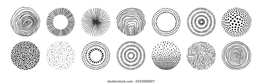 Conjunto de patrones y texturas dibujados a mano de doodle redondo. Formas orgánicas Abstractas, diferentes círculos texturizados. Elementos gráficos de Vector de moda para la cubierta, cartel, Anuncio, etiqueta, tela, Fondo de pantalla, envoltura.