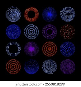 Set of round doodle hand drawn patterns and textures. Abstract organic shapes, different textured circles. Trendy vector graphic elements for cover, poster, banner, label, fabric, wallpaper, wrapping.