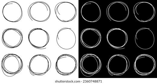 Set of round doodles. Hand drawn circle, set of vector drawn rings. Set of 9 doodles, hand-drawn rings. White and black.