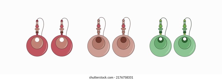 A set of round earrings in light brown, brick and light green colors. Round earrings made of stones and beads for the jewelry store logo. Emblems for handmade products, jewelry, shopping Vector image 