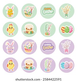 A set of round Easter stickers on a white background, featuring various festive elements such as a bunny, decorative eggs, willow branches, a traditional cake, a chick, and "Happy Easter" text