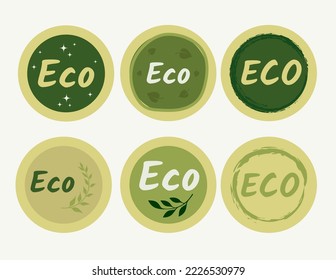 Set of round eco stickers, badges, icons, buttons with leaves in green color
