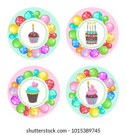 Set of round elements. Bright colored balloons are oriented in a circle. In the center of the circle birthday cake with candles. Vector illustration isolated on white background.