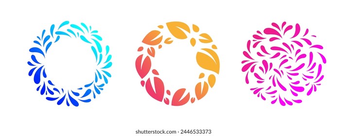 Set of round emblem design template in trendy style with leaves and splashes. Monochrome illustration.