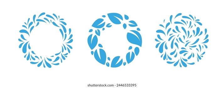 Set of round emblem design template in trendy style with leaves and splashes. Monochrome illustration.