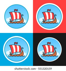 Set of Round Emblem with Drakkar in Nordic Sea. Vector Logotypes of Vikings Medieval Warships for Travel Company.
