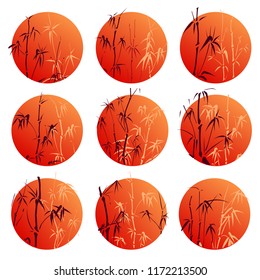 Set of round emblems of stylized bamboo trees on an orange spot.