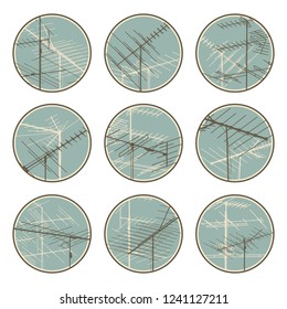 Set of round emblems of stylized television aerials antennas in blue tone.