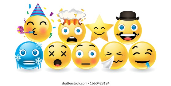 Set round emitions with expressive faces for a party, dismay, gent in bowler hat, sad, tired, bashful, crying on white with drop shadows, vector design elements