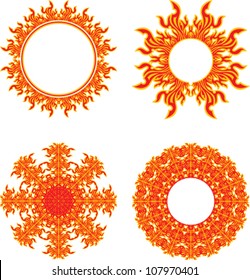 set of round fiery symbols of the sun