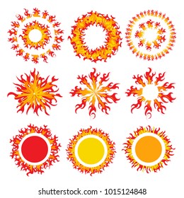 Set of round fire framework. The fiery sun. A Burning Fireball. Flame red and yellow. Vector illustration.