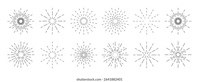 Set of round firework, sunburst, line radial frame icons