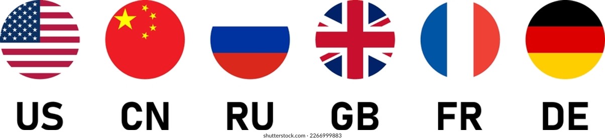 Set of Round Flag Collection of USA United States of America, People's Republic of China, Russia, United Kingdom UK Great Britain, France and Germany with Country Codes. Vector Image.