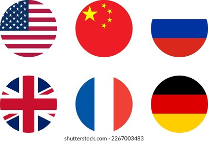 Colección de Bandera Redonda de Estados Unidos de América, República Popular de China, Rusia, Reino Unido Gran Bretaña, Francia y Alemania. Imagen vectorial.