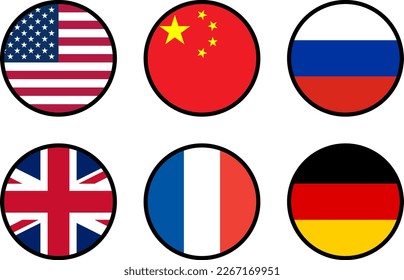 Set of Round Flag Collection of USA United States of America, People's Republic of China, Russia, United Kingdom UK Great Britain, France and Germany with Contour Outline. Vector Image.