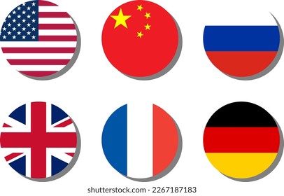 Set of Round Flag Collection of USA United States of America, People's Republic of China, Russia, United Kingdom UK Great Britain, France and Germany with Shadow Effect. Vector Image.