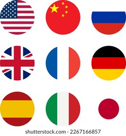 Set of Round Flag Icon Collection of USA United States of America, China, Russia, United Kingdom UK Great Britain, France, Germany, Spain, Italy and Japan. Vector Image.