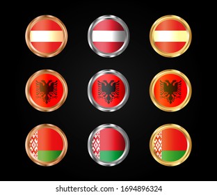 Set round flags of Austria, Albania, Belarus in gold, silver and bronze frames.