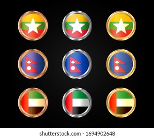 Banderas redondas de Myanmar, Nepal, Emiratos Árabes Unidos en colores dorados, plateados y bronce.