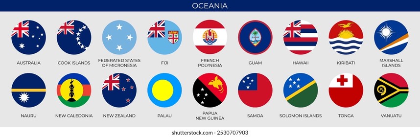 Set of round flags of Oceanian countries in alphabetical order. Vector illustration