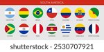 Set of round flags of South American countries in alphabetical order. Vector illustration	