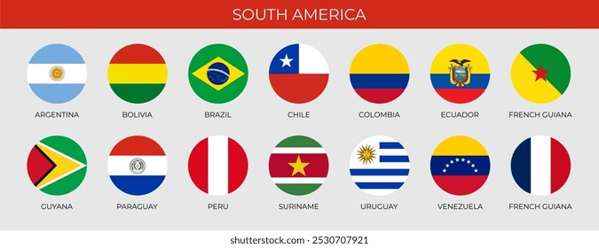 Conjunto de banderas redondas de países sudamericanos en orden alfabético. Ilustración vectorial	