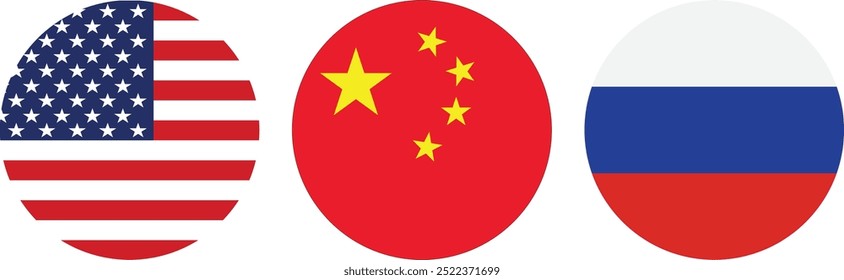 Set of round flags USA , China and Russia . Round USA flag , China flag and Russia flag . Vector illustration