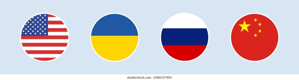 Set of round flags of the USA, United States of America, People's Republic of China, Russia, Ukraine. Vector.