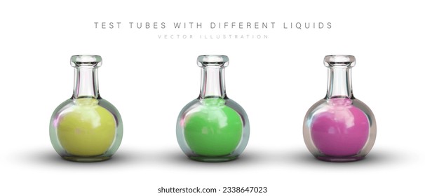 Set of round flasks filled with yellow, green, pink liquid. Classic glass laboratory ware. Vector icons for sites, applications, games, educational resources. Test tube