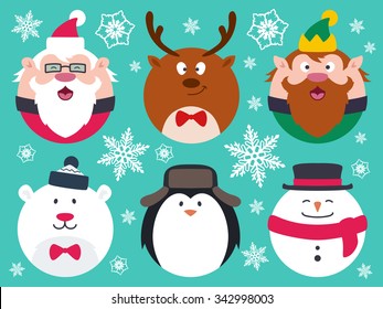 Set of round flat Christmas characters. Contain cute fat vector cartoon characters like santa claus, penguin, polar bear, elf, snowman and reindeer.