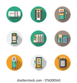 Set of round flat color vector icons for filling station, car services. Alternative refill. Long shadows. Elements of web design for business, website and mobile.
