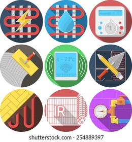 Set of round flat colorful vector icons for heated floor on white background.