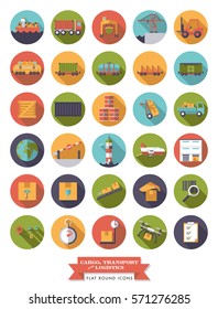 Set of round flat design long shadow cargo, transport, shipping and logistics icons