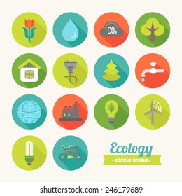 Set of round flat ecological icons. Flower, Water, Cloud, Tree, House, Electricity, Fir Free, Faucet, Earth, Plant, Lamp, Wind Power, Saving Lamp, Bicycle. Perfect for web pages, mobile applications