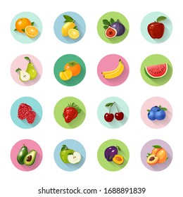 Set of round flat fruits icons. Oranges, lemon, figs, apple, pear, persimmon, banana, watermelon, raspberry, strawberry, cherry, blueberry, avocado, plum, peach
