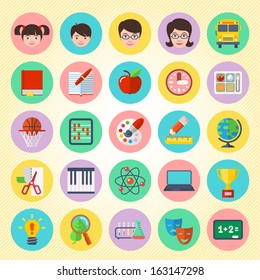 Set of round  flat icons of different school subjects and persons